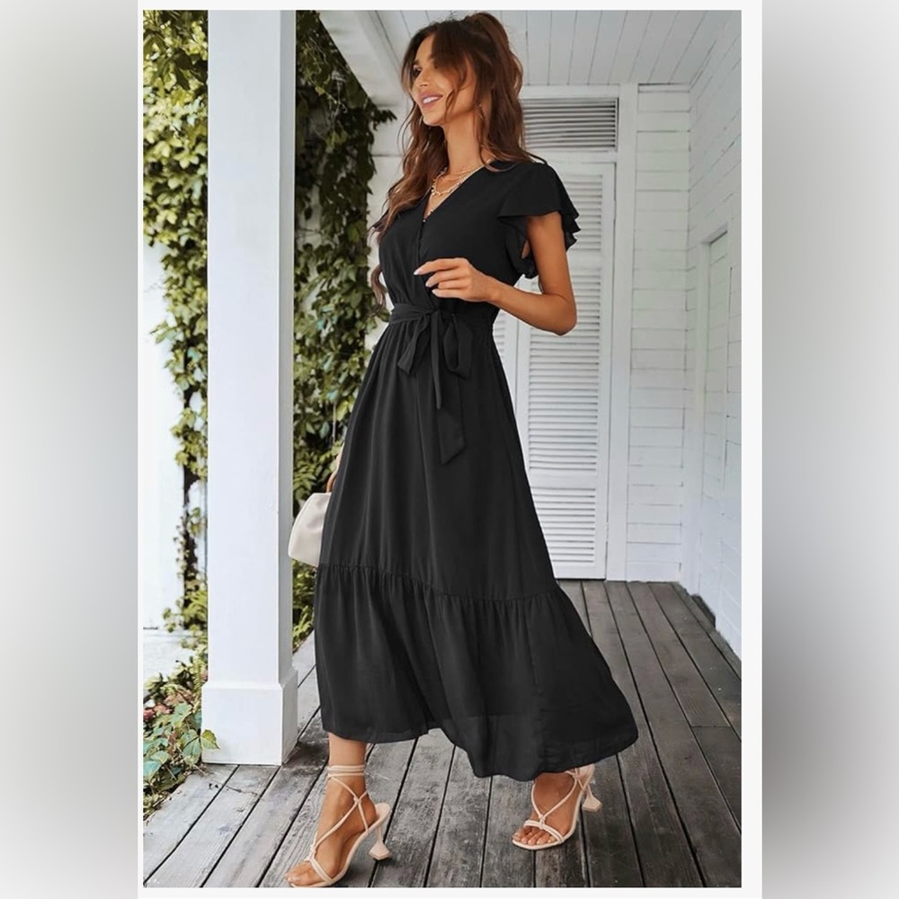 Chic Black Midi Dress with Tie Waist - Picture 5 of 8
